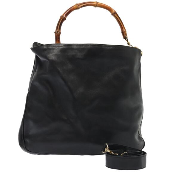 GUCCI Bamboo Shoulder Bag Leather Black Gold 001 2123 001 2123 - Picture 1 of 16